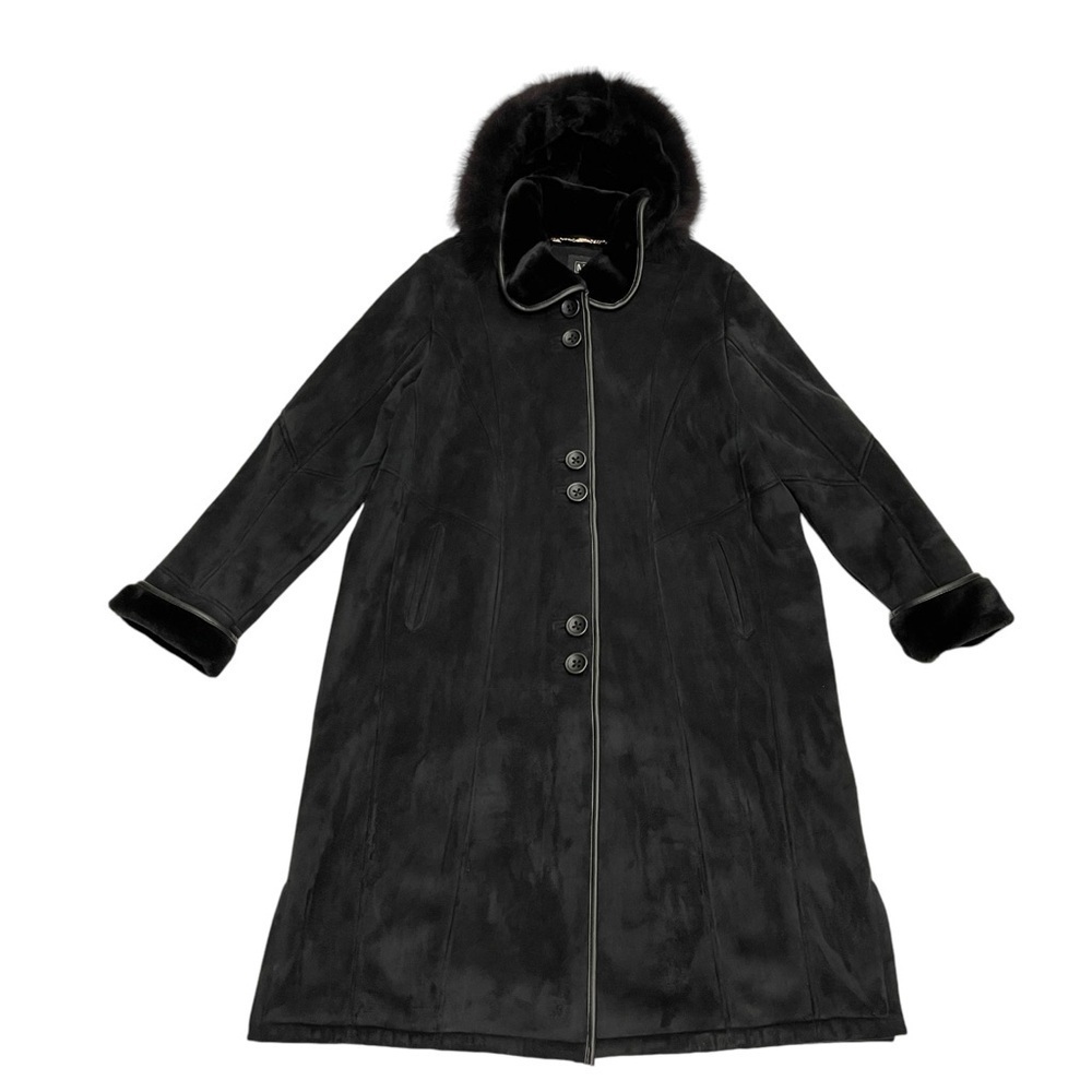 M Collection long coat size XL fox trim warm cozy winter black
